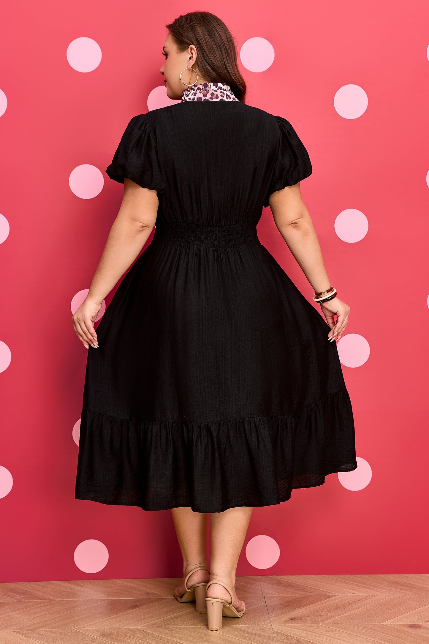 Plus Size Leopard Ruffle V-Neck Smocked Waist Dress