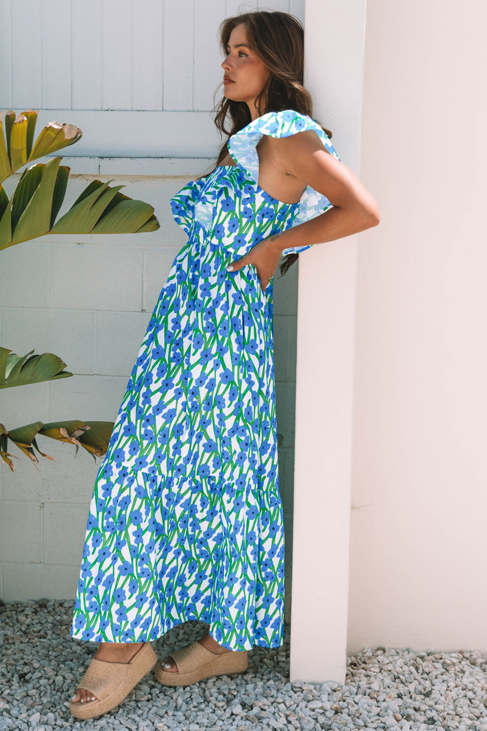 Floral Square Neck Ruffle Strap Maxi Dress