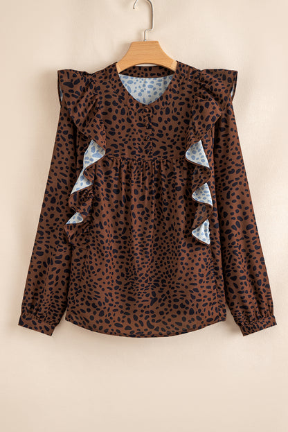 Leopard Ruffle Puff Sleeve Blouse