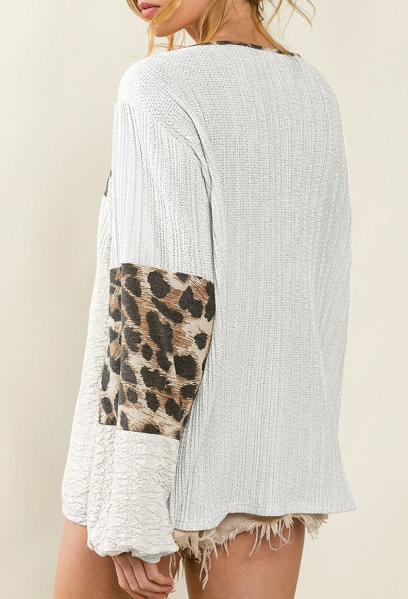 Leopard Patchwork Puff Sleeve Blouse