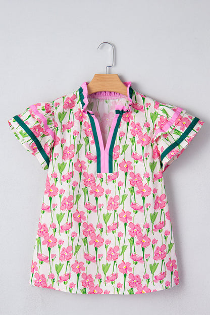 Floral Contrast Trim V-Neck Ruffle Short Sleeve Blouse