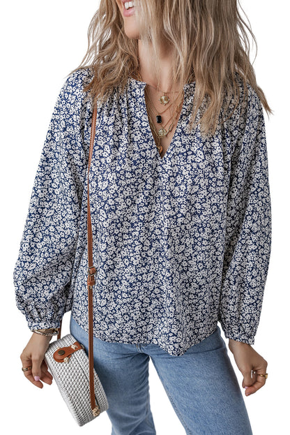 Floral Puff Sleeve V-Neck Blouse