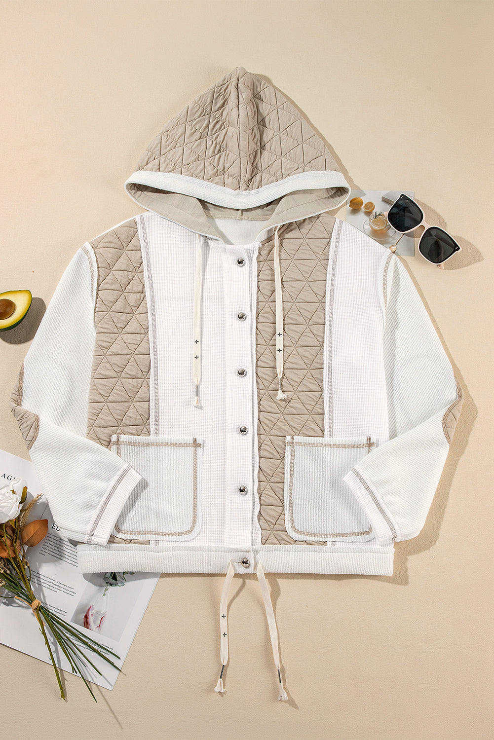 Quilted Waffle Patchwork Hooded Jacket