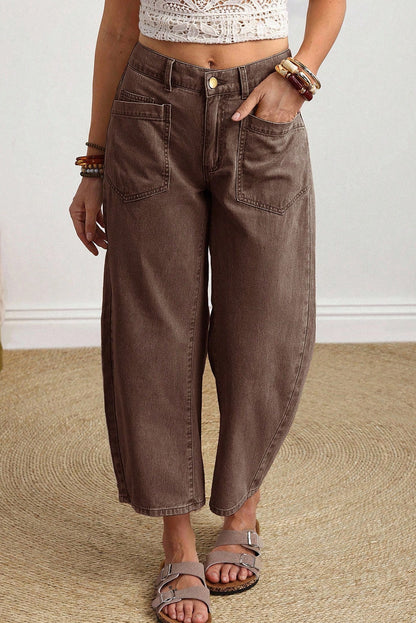 Solid Denim Patch Pocket Barrel Leg Jeans
