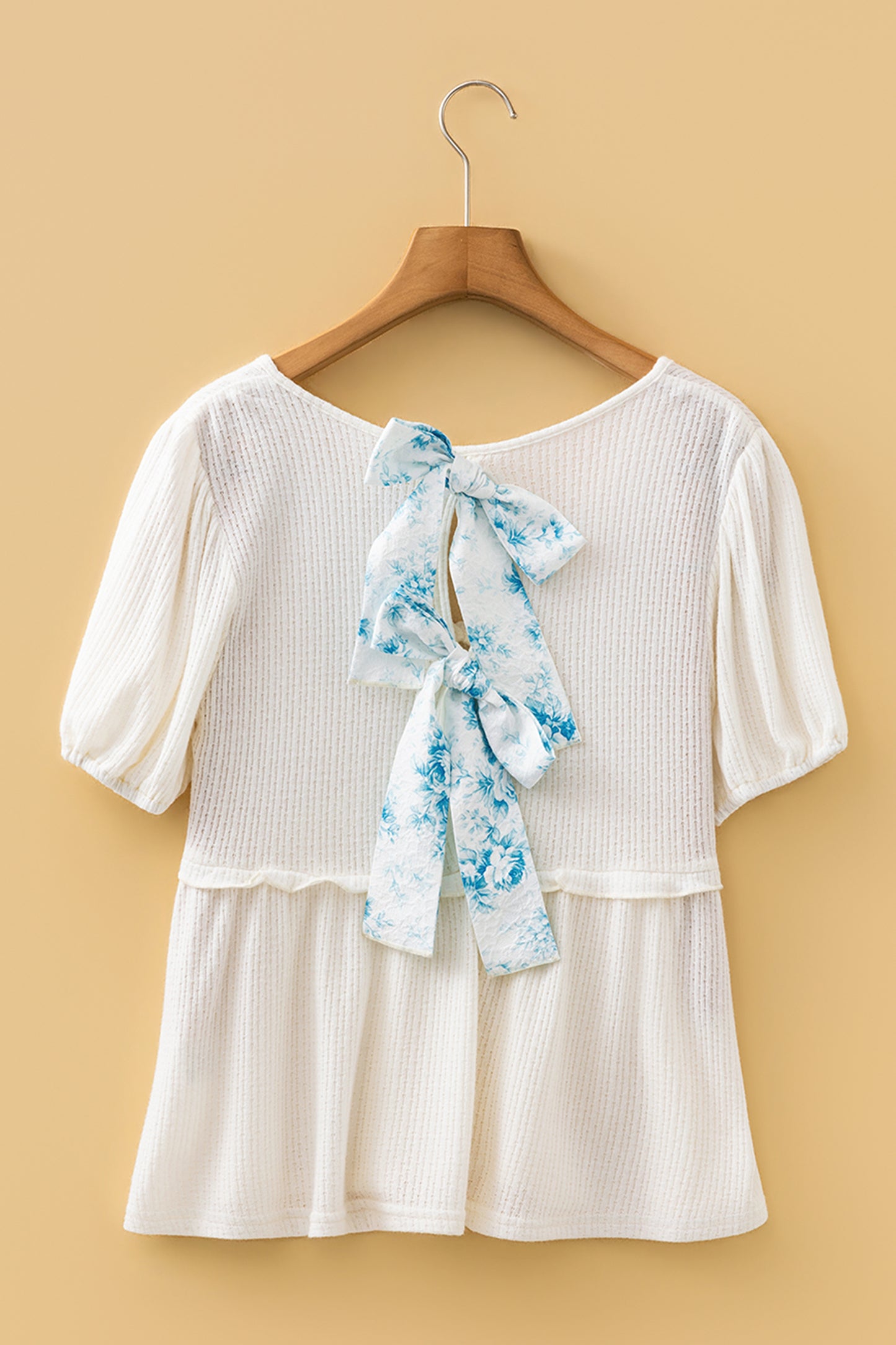 Floral Bow Tie Back Bubble Sleeve Peplum Top