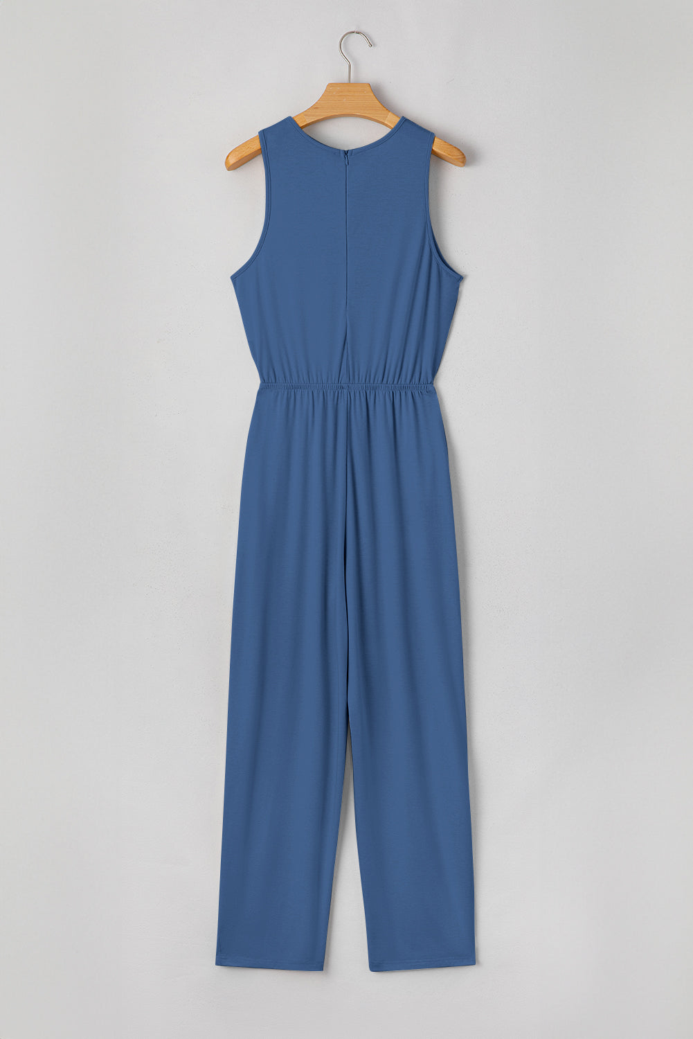 Solid Pleated Detail Sleeveless Elastic Waist Jumpsuit