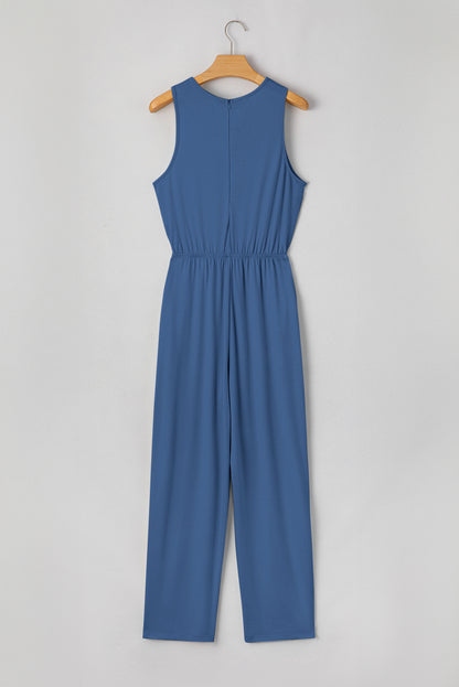Solid Pleated Detail Sleeveless Elastic Waist Jumpsuit