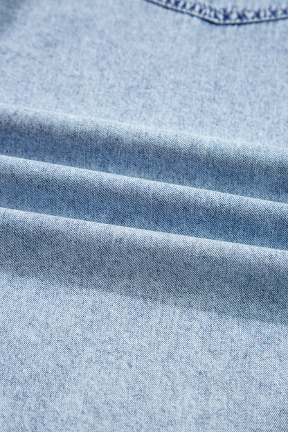 Solid Denim Chest Pocket Raw Hem Shirt Dress