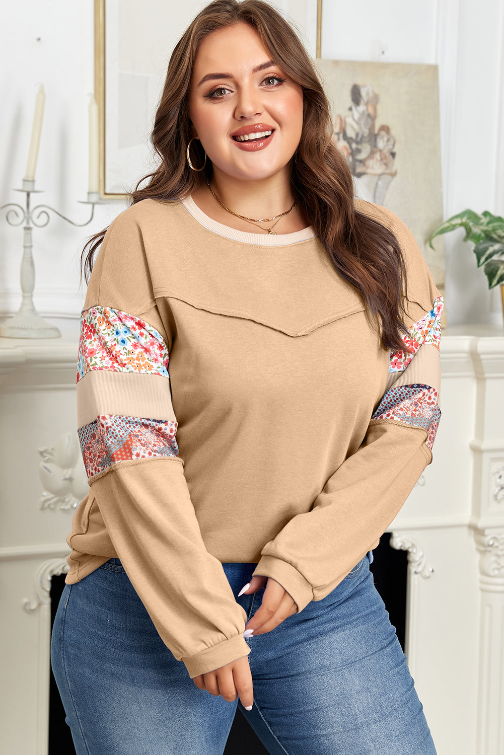 Plus Size Floral Patchwork Reverse Seam Top