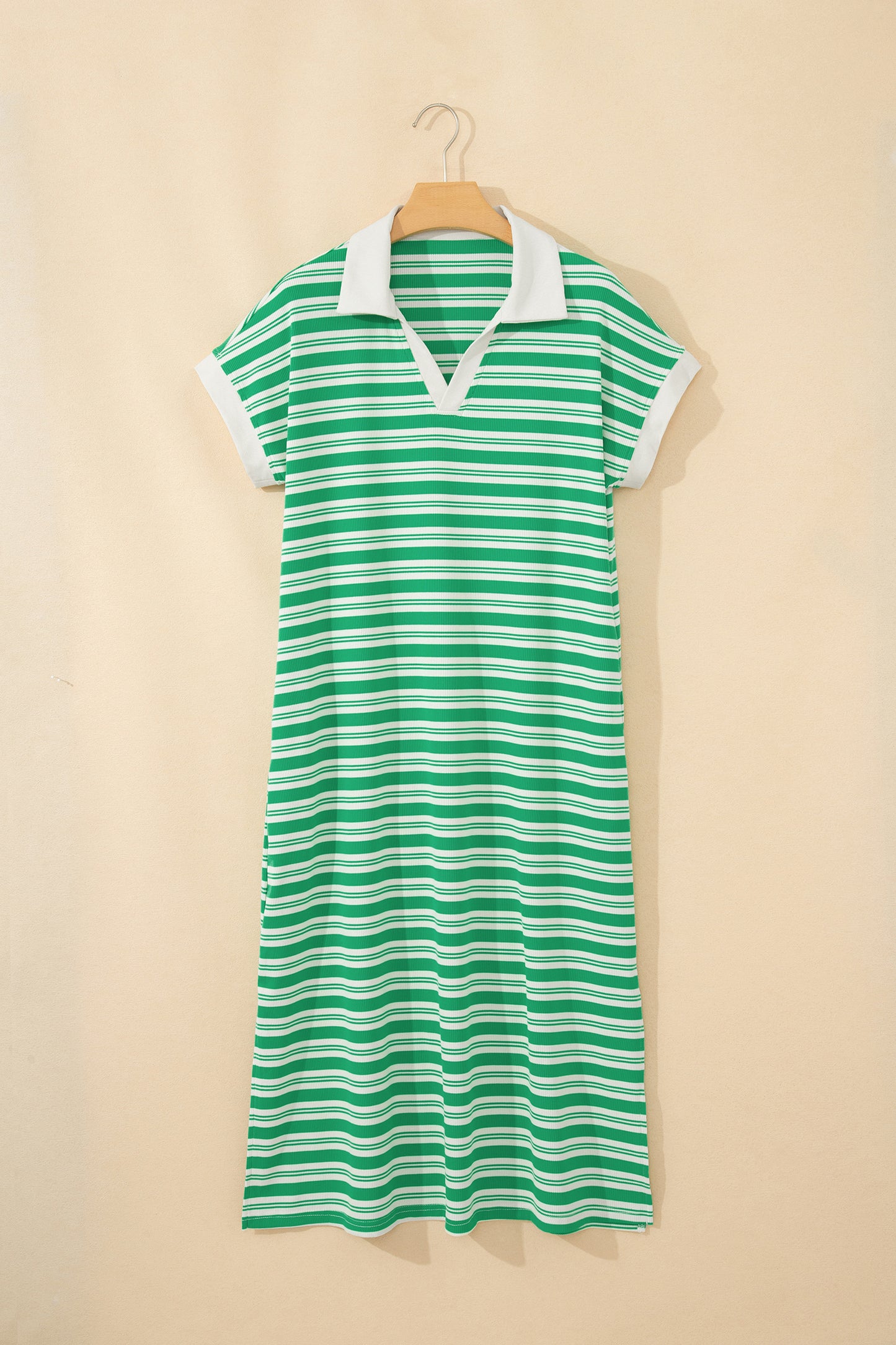 Stripe Collared V-Neck Short Sleeve Midi Dress