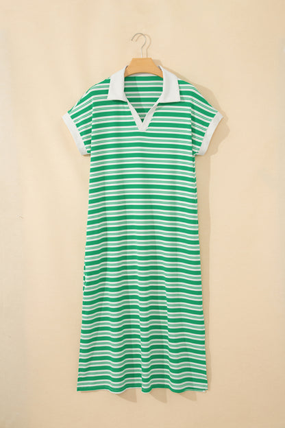 Stripe Collared V-Neck Short Sleeve Midi Dress