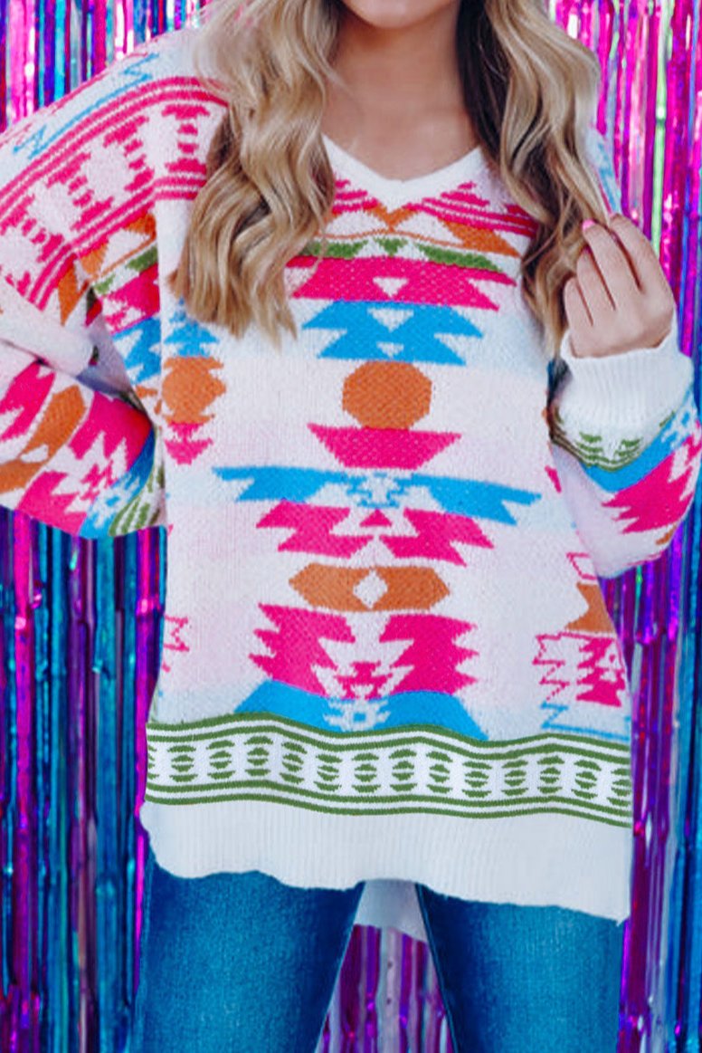 Aztec V-Neck Oversized Sweater