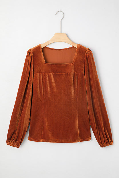 Velvet Ribbed Square Neck Puff Sleeve Top