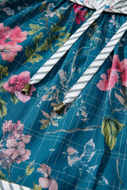 Floral Stripe Patchwork Long Puff Sleeve Blouse