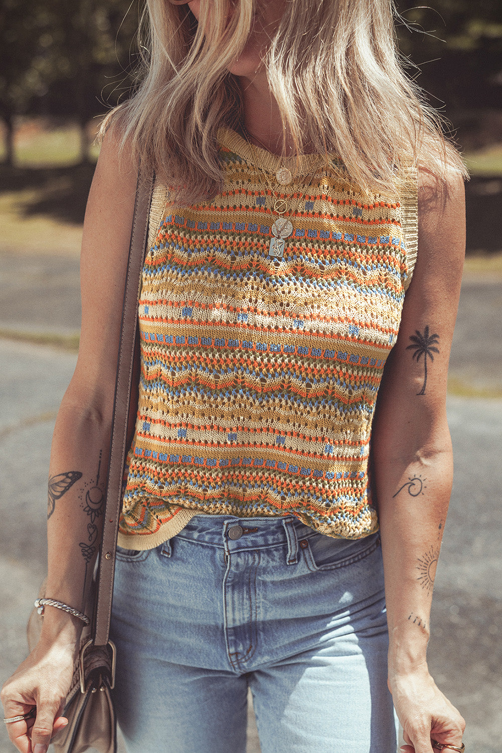 Stripe Crochet Sleeveless Sweater Top