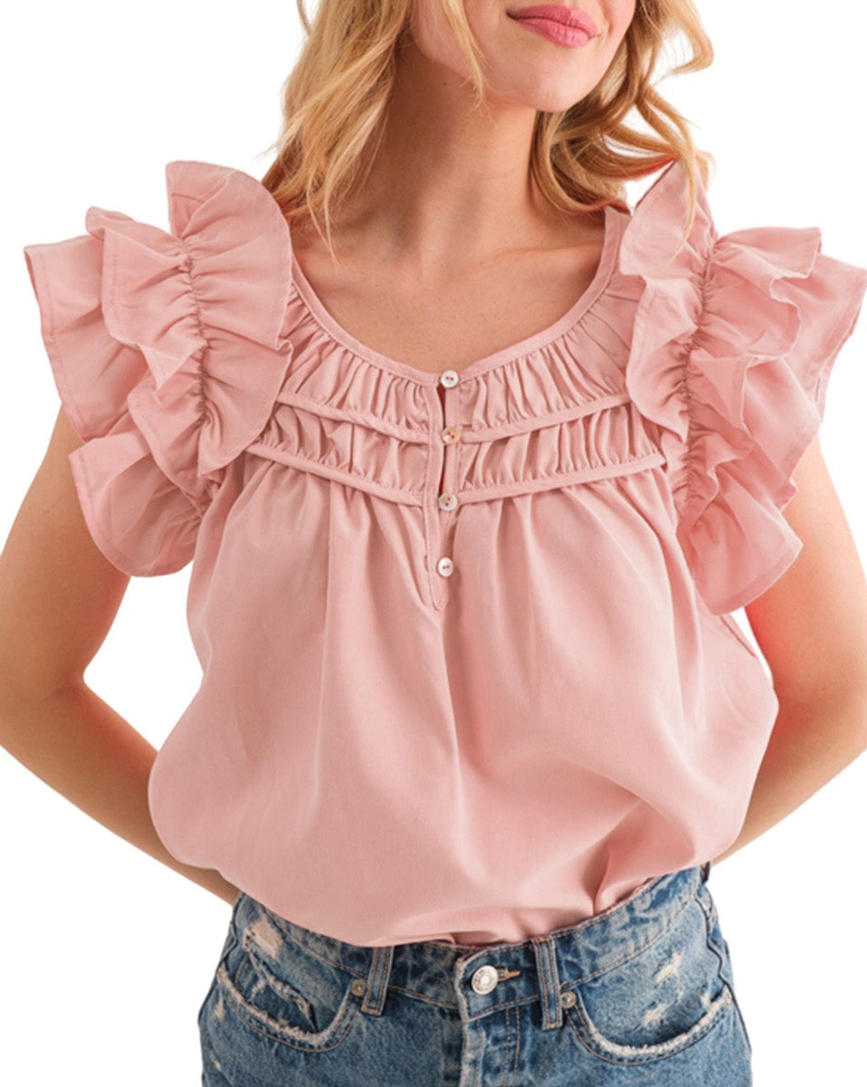 Shirred Ruffle Sleeve Buttoned Blouse