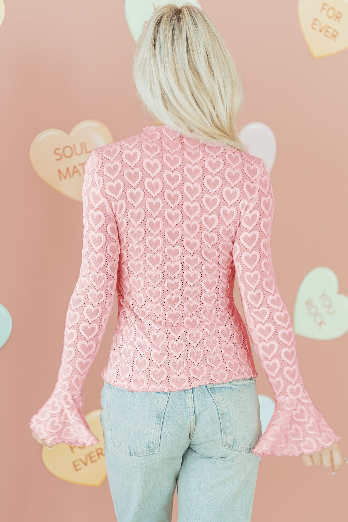 Valentine Heart Mock Neck Flare Long Sleeve Top