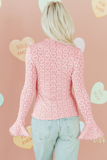 Valentine Heart Mock Neck Flare Long Sleeve Top