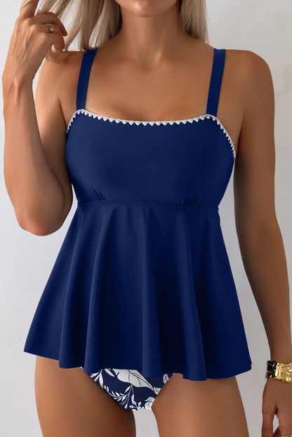 Solid Ricrac Trim Flared Tankini Top Set