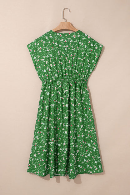 Floral Embroidered Trim V-Neck Drawstring Waist Dress