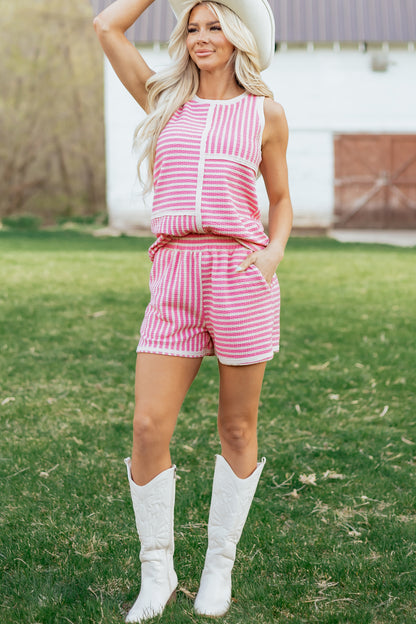Stripe Contrast Trim Textured Tank & Shorts Set