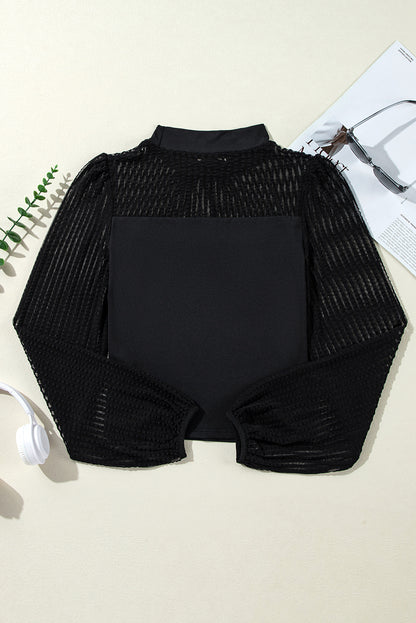 Stripe Mesh Lantern Sleeve Blouse