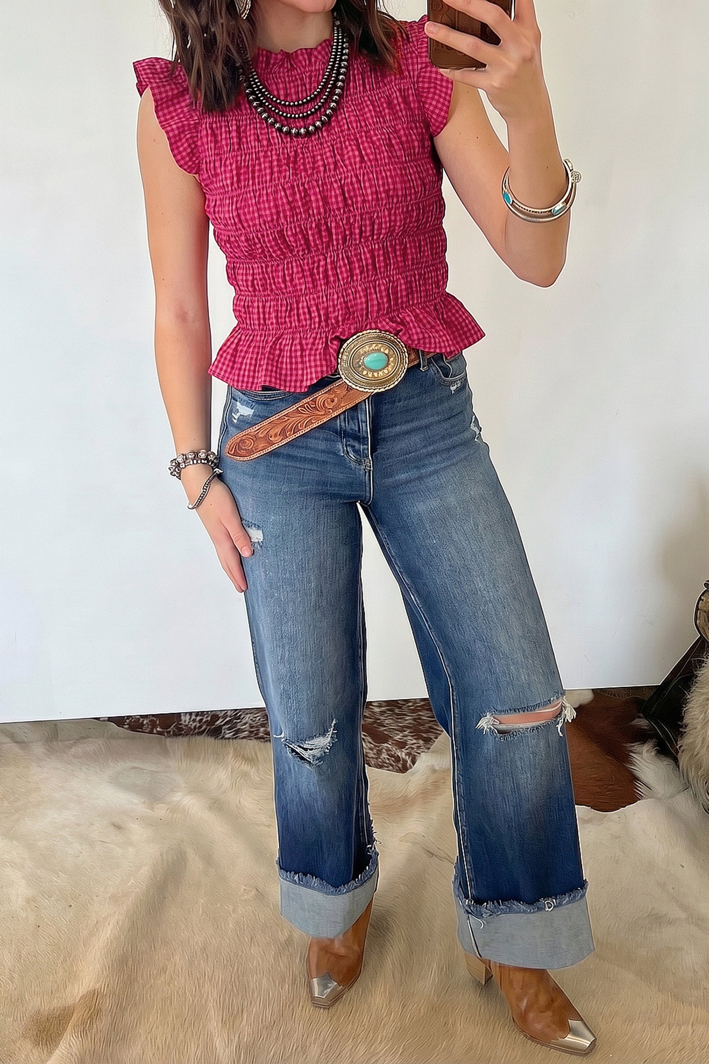 Gingham Plaid Shirred Ruffle Trim Tank Top