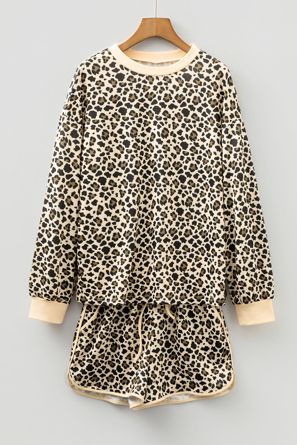 Leopard Contrast Trim Pullover and Drawstring Shorts Set