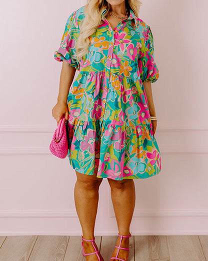 Floral Puff Sleeve Shirt Dress Plus Size