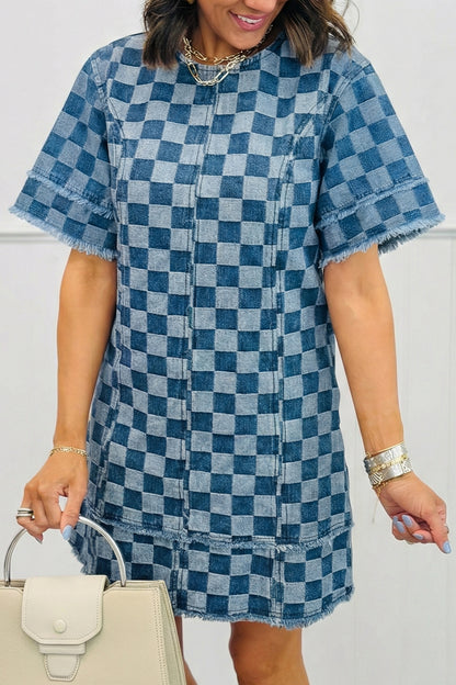 Checker Denim Frayed Hem Mini Dress