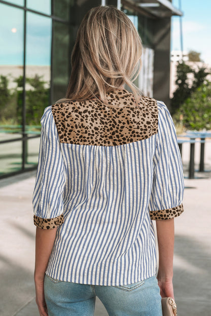 Stripe Leopard Trim V-Neck Buttoned Short Sleeve Shirt
