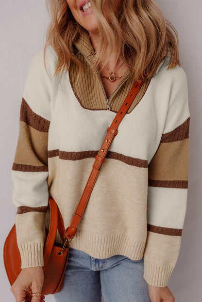 Colorblock Stripe Quarter Zip Collared Sweater