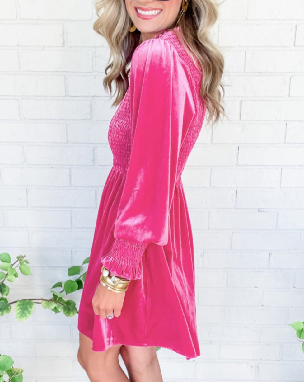 Velvet Smocked Puff Sleeve Dress