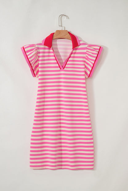 Stripe Flutter Sleeve Contrast Collar Mini Dress