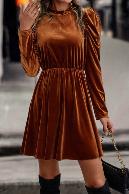 Velvet Ruched Puff Sleeve Dress