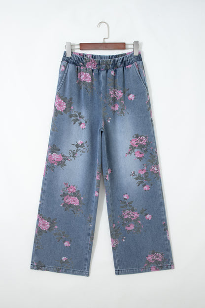 Floral Denim Elastic Waist Straight Leg Jeans