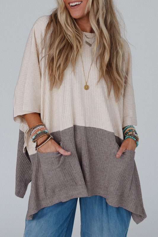 Colorblock Ribbed Knit Pocketed Poncho