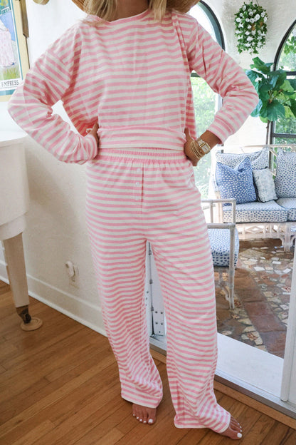 Stripe Drop Shoulder Top & Buttoned Pants Set