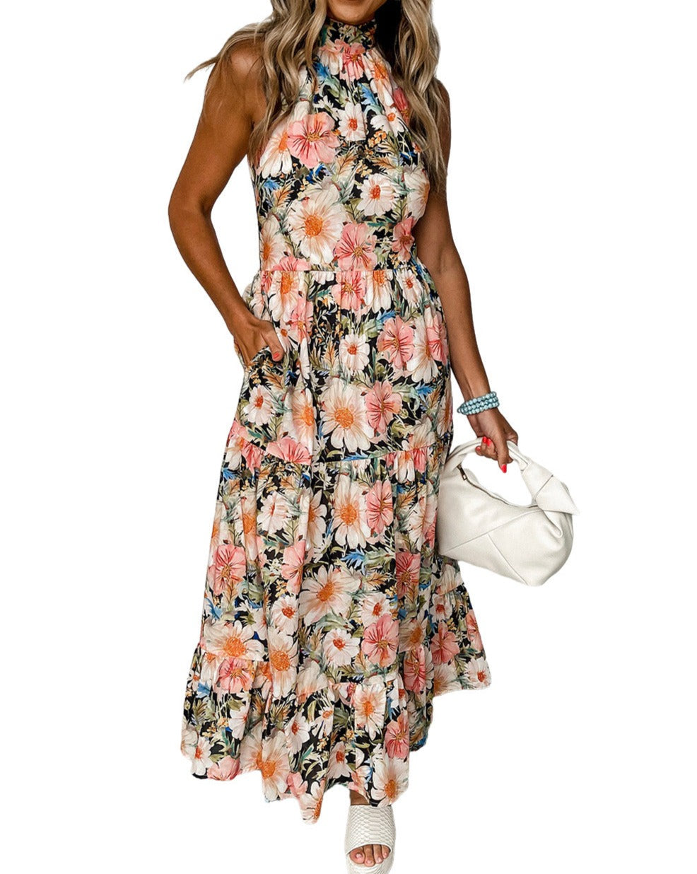 Floral Ruffle Halter Maxi Dress