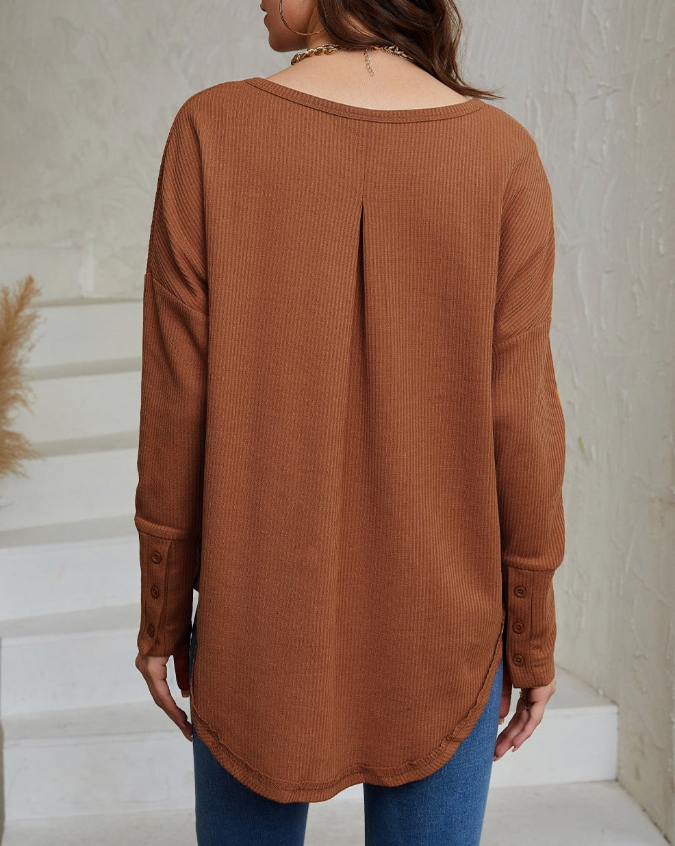 Waffle Pleated Long Sleeve Top