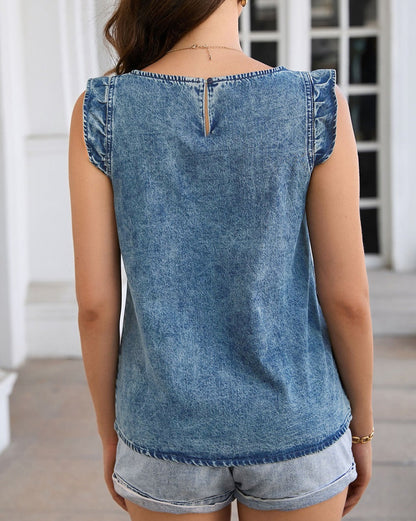 Denim Chambray Ruffle Tank Top