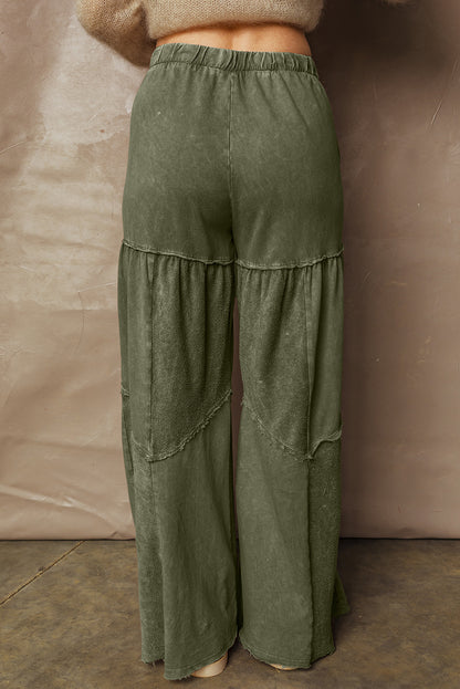 Mineral Wash Patchwork Tiered Wide Leg Pants