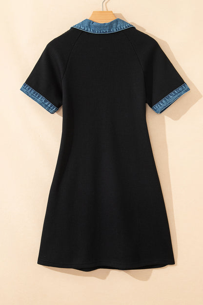 Denim Waffle Knit Contrast Trim Polo Dress