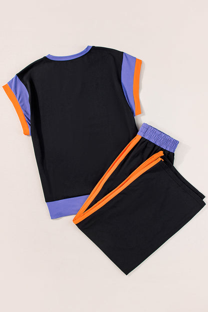 Colorblock Short Sleeve Top & Wide Leg Pants Set