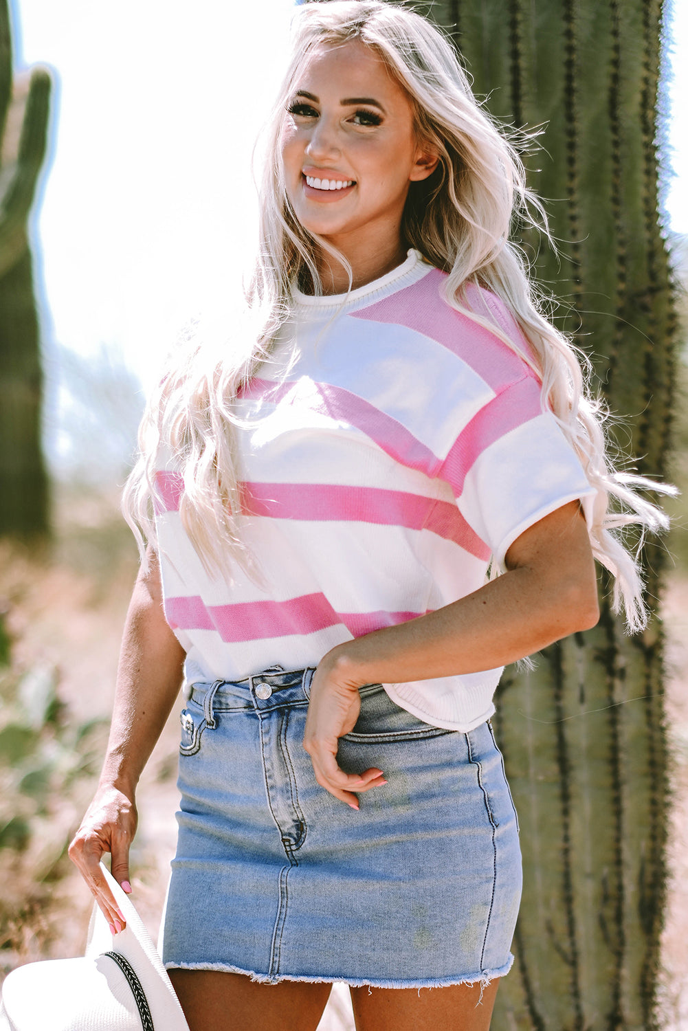 Stripe Knit Dropped Short Sleeve Sweater