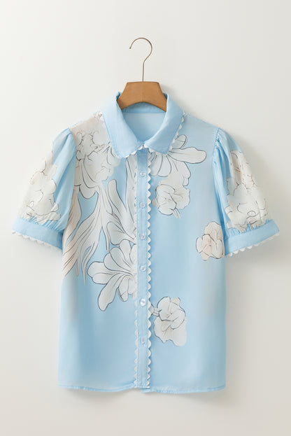 Floral Ricrac Trim Puff Sleeve Buttoned Shirt