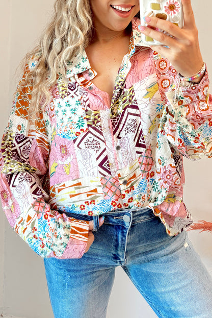 Abstract Patchwork Button Down Shirt