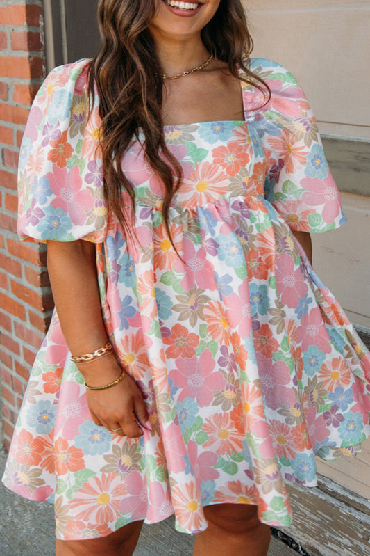 Floral Puff Sleeve Babydoll Dress Plus Size