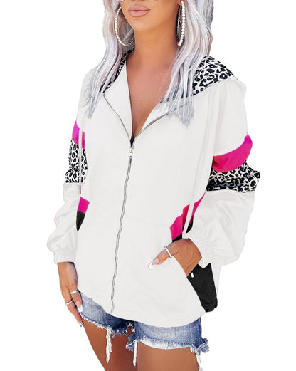 Leopard Colorblock Zipped Hooded Jacket