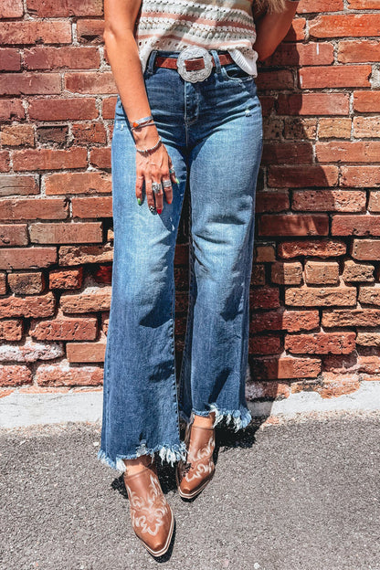 Denim High Waist Frayed Hem Flare Jeans